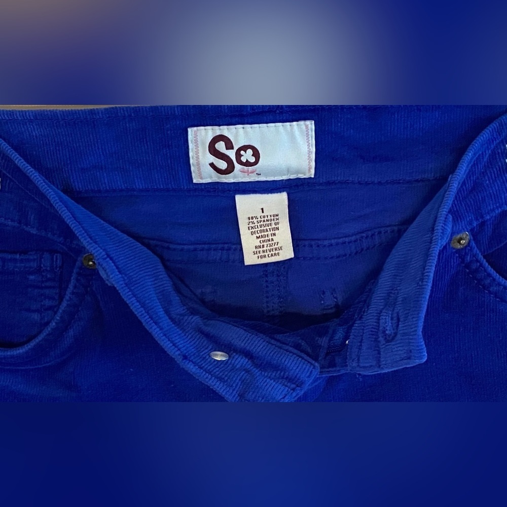 NWOT Juniors So Sz-1 Corduroy Pants- Eye Catching Bright Royal Blue, Mid-Rise,🎄 - Picture 15 of 16